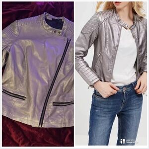 a.n.a Women's Metallic Silver Faux Leather Moto Jacket